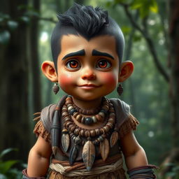 A short and sturdy humanoid character with earthy skin tones and deep brown eyes, showcasing a robust and resilient appearance