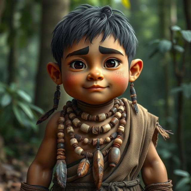 A short and sturdy humanoid character with earthy skin tones and deep brown eyes, showcasing a robust and resilient appearance