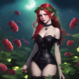 This digital art image presents a red-haired elf girl in a sensual manner