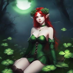 This provocative digital art image features a red-haired elf girl exuding a dark fairy aesthetic