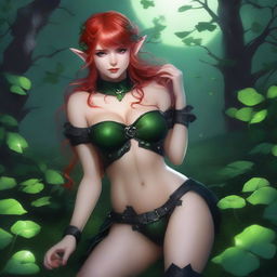 This provocative digital art image features a red-haired elf girl exuding a dark fairy aesthetic