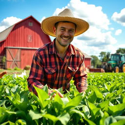 A hardworking farmer in a sun-drenched field, wearing a straw hat and plaid shirt, tending to vibrant green crops with a smile on his face