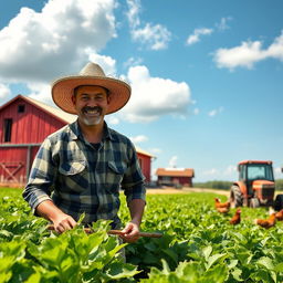 A hardworking farmer in a sun-drenched field, wearing a straw hat and plaid shirt, tending to vibrant green crops with a smile on his face