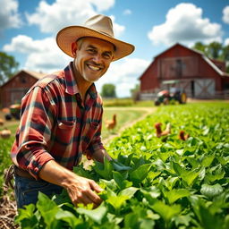 A hardworking farmer in a sun-drenched field, wearing a straw hat and plaid shirt, tending to vibrant green crops with a smile on his face