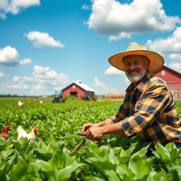 A hardworking farmer in a sun-drenched field, wearing a straw hat and plaid shirt, tending to vibrant green crops with a smile on his face