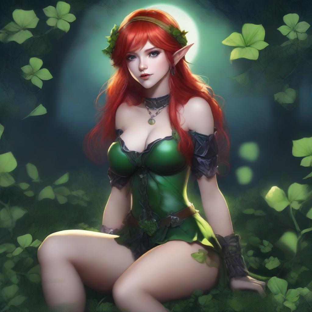 This provocative digital art image features a red-haired elf girl exuding a dark fairy aesthetic