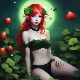 This provocative digital art image features a red-haired elf girl exuding a dark fairy aesthetic