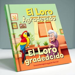 A book cover featuring a lively animated-style image of a colorful parrot sitting on a table in a cozy house, facing an elderly woman with a gentle smile