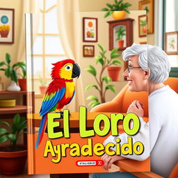 A book cover featuring a lively animated-style image of a colorful parrot sitting on a table in a cozy house, facing an elderly woman with a gentle smile