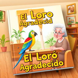 A book cover featuring a lively animated-style image of a colorful parrot sitting on a table in a cozy house, facing an elderly woman with a gentle smile