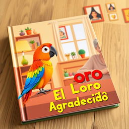 A book cover featuring a lively animated-style image of a colorful parrot sitting on a table in a cozy house, facing an elderly woman with a gentle smile