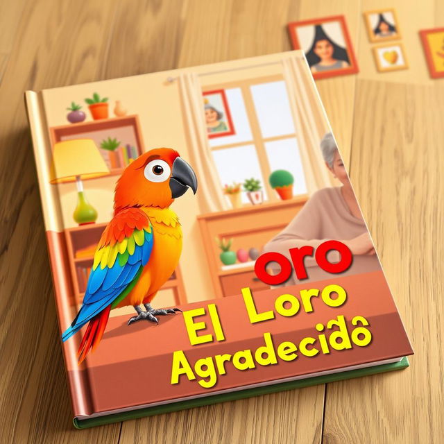 A book cover featuring a lively animated-style image of a colorful parrot sitting on a table in a cozy house, facing an elderly woman with a gentle smile