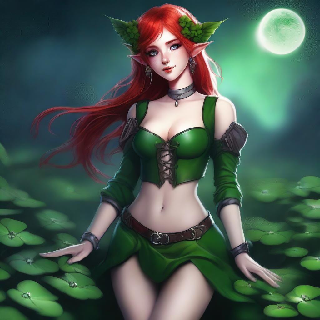 This digital art image features a red-haired elf girl exuding a sensual allure