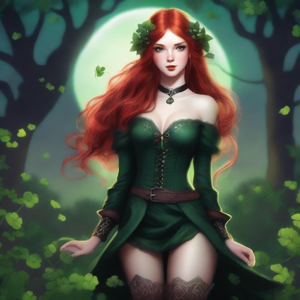 This digital art image features a red-haired elf girl exuding a sensual allure