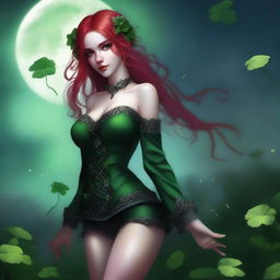 This digital art image features a red-haired elf girl exuding a sensual allure