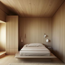 A minimalist wooden bedroom specifically tailored for a girl in her 20s, reflecting her youthful and elegant personality.