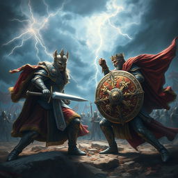 A grand scene of an epic battle between two powerful kings on a dramatic battlefield, both clad in ornate armor and richly decorated capes