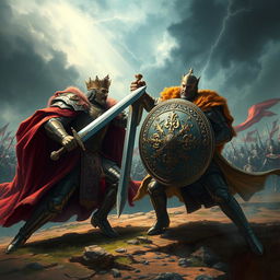 A grand scene of an epic battle between two powerful kings on a dramatic battlefield, both clad in ornate armor and richly decorated capes