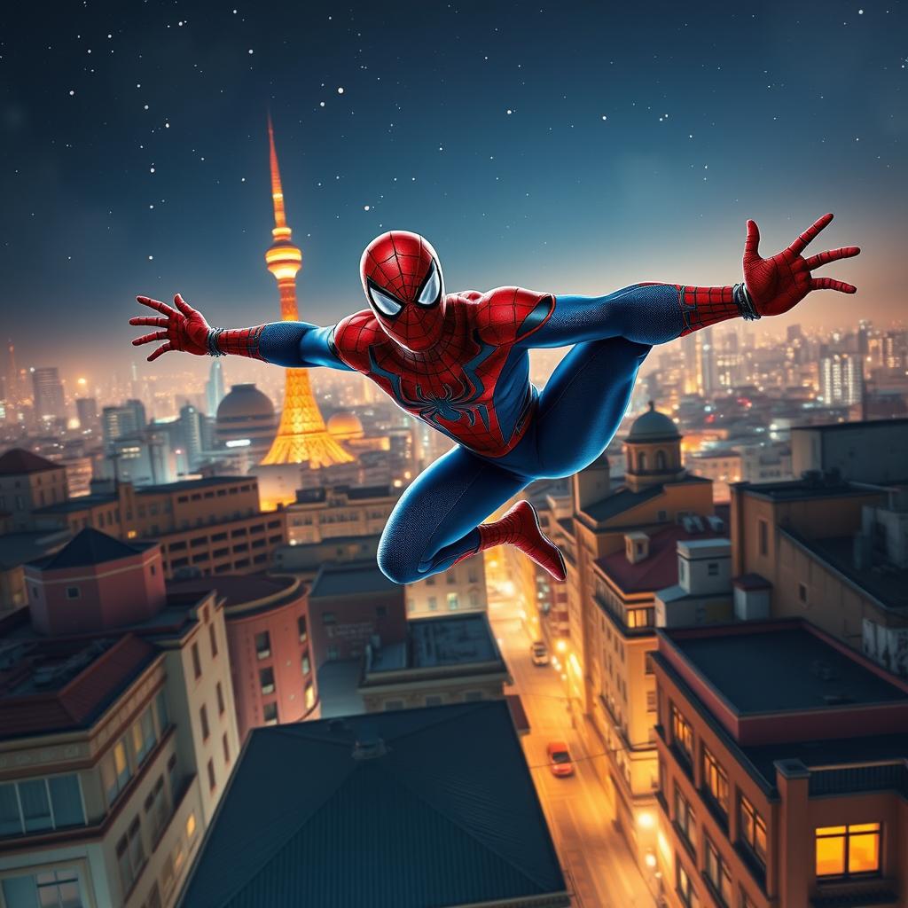 An action-packed scene of Spider-Man soaring gracefully over the rooftops of a vibrant cityscape, specifically Tehran, with the iconic Milad Tower prominently visible in the background