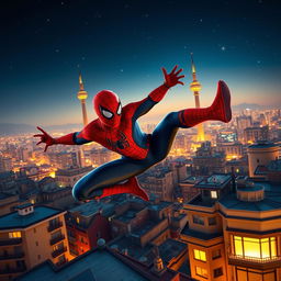 An action-packed scene of Spider-Man soaring gracefully over the rooftops of a vibrant cityscape, specifically Tehran, with the iconic Milad Tower prominently visible in the background