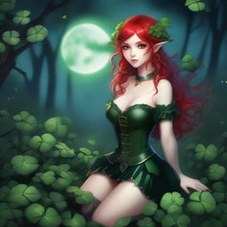 This digital art image features a red-haired elf girl exuding a sensual allure