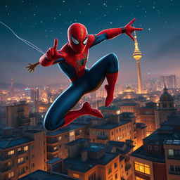 An action-packed scene of Spider-Man soaring gracefully over the rooftops of a vibrant cityscape, specifically Tehran, with the iconic Milad Tower prominently visible in the background