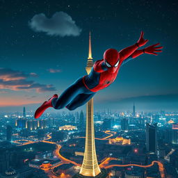 An exhilarating scene of Spider-Man soaring gracefully above the skyline of Tehran, with the iconic Milad Tower prominently featured against the backdrop of a sprawling cityscape and a starry night sky