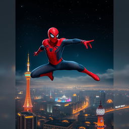An exhilarating scene of Spider-Man soaring gracefully above the skyline of Tehran, with the iconic Milad Tower prominently featured against the backdrop of a sprawling cityscape and a starry night sky