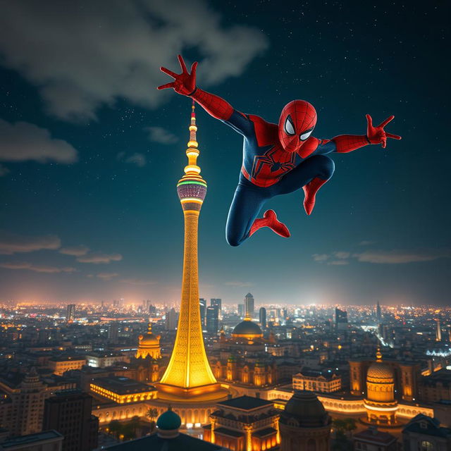 An exhilarating scene of Spider-Man soaring gracefully above the skyline of Tehran, with the iconic Milad Tower prominently featured against the backdrop of a sprawling cityscape and a starry night sky