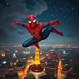 An exhilarating scene of Spider-Man soaring gracefully above the skyline of Tehran, with the iconic Milad Tower prominently featured against the backdrop of a sprawling cityscape and a starry night sky