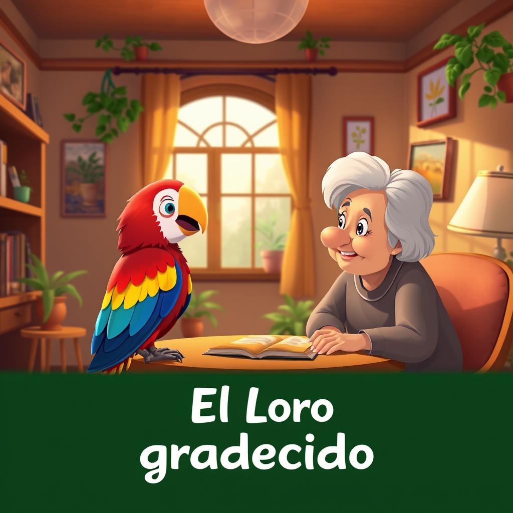 An animated-style image depicting a colorful parrot perched on a table in a cozy house, facing an elderly woman who is smiling and looking at the parrot