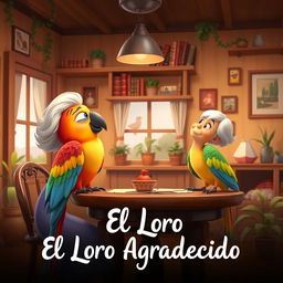 An animated-style image depicting a colorful parrot perched on a table in a cozy house, facing an elderly woman who is smiling and looking at the parrot