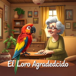 An animated-style image depicting a colorful parrot perched on a table in a cozy house, facing an elderly woman who is smiling and looking at the parrot
