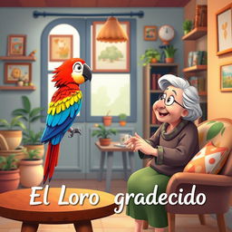 An animated-style image depicting a colorful parrot perched on a table in a cozy house, facing an elderly woman who is smiling and looking at the parrot