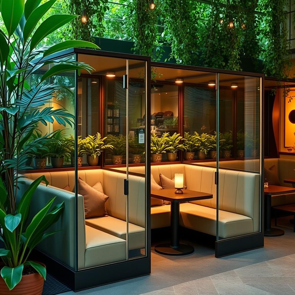 A tranquil cafe featuring glass booths made from tempered glass, designed for comfort and privacy