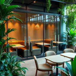 A tranquil cafe featuring glass booths made from tempered glass, designed for comfort and privacy