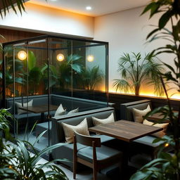 A tranquil cafe featuring glass booths made from tempered glass, designed for comfort and privacy