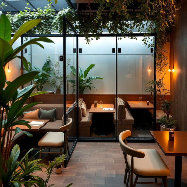 A tranquil cafe featuring glass booths made from tempered glass, designed for comfort and privacy