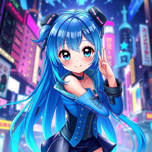 A vibrant digital artwork featuring a blue-haired anime girl with expressive large eyes, wearing a stylish modern outfit with intricate details