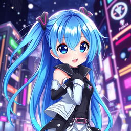 A vibrant digital artwork featuring a blue-haired anime girl with expressive large eyes, wearing a stylish modern outfit with intricate details