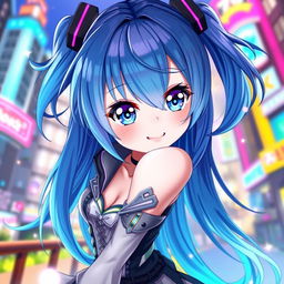 A vibrant digital artwork featuring a blue-haired anime girl with expressive large eyes, wearing a stylish modern outfit with intricate details