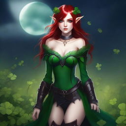 This digital art image presents a red-haired elf girl with a sensual, dark fairy aesthetic, infused with vampire elements