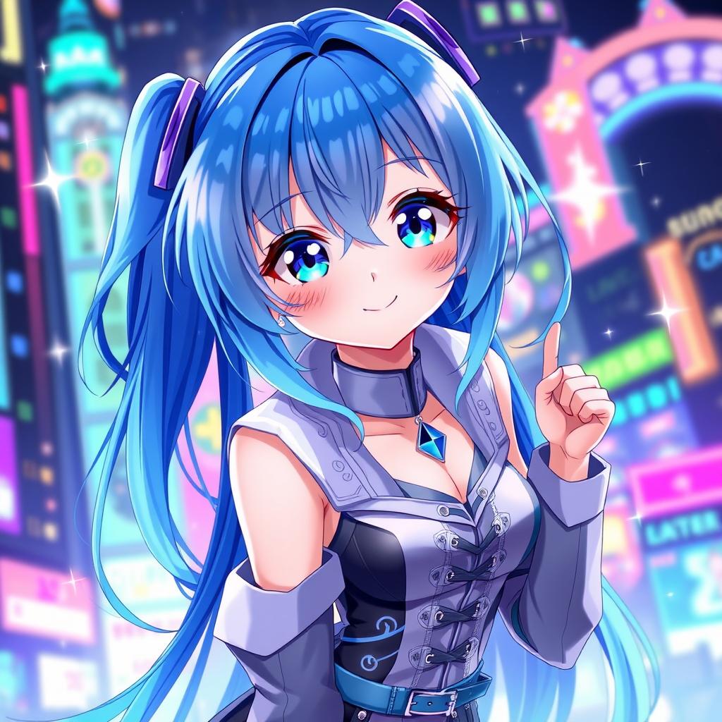 A vibrant digital artwork featuring a blue-haired anime girl with expressive large eyes, wearing a stylish modern outfit with intricate details