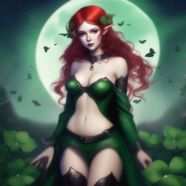 This digital art image presents a red-haired elf girl with a sensual, dark fairy aesthetic, infused with vampire elements