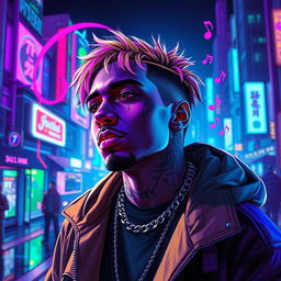 A vivid and dynamic digital artwork featuring a vibrant and futuristic representation of the rapper Juice WRLD