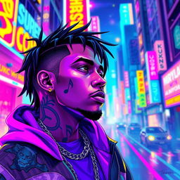 A vivid and dynamic digital artwork featuring a vibrant and futuristic representation of the rapper Juice WRLD