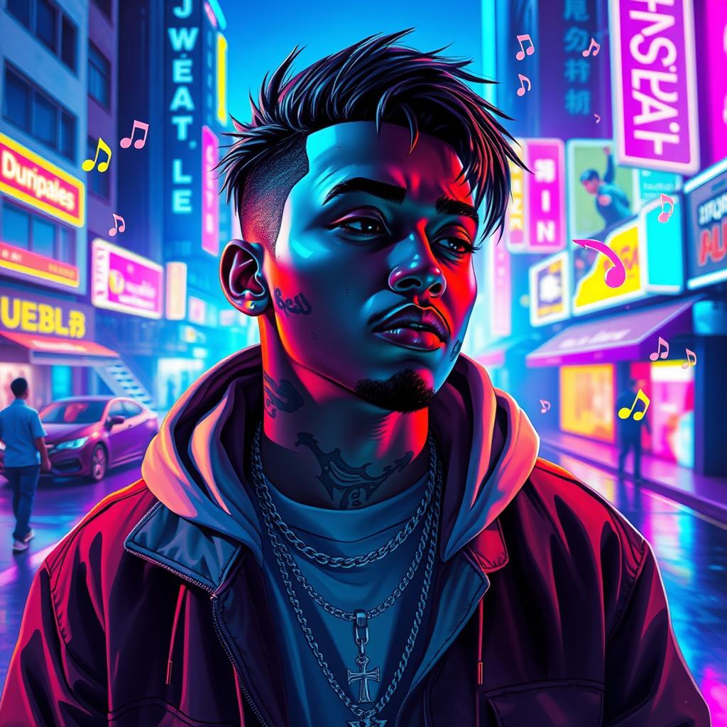 A vivid and dynamic digital artwork featuring a vibrant and futuristic representation of the rapper Juice WRLD