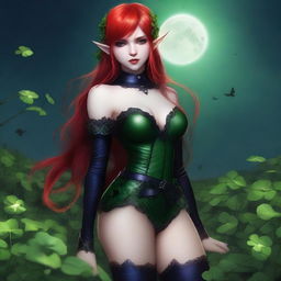 This digital art image presents a red-haired elf girl with a sensual, dark fairy aesthetic, infused with vampire elements