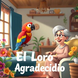 An animated-style image depicting a colorful parrot perched on a branch inside a cozy house, facing a cheerful elderly woman who is smiling warmly at the parrot