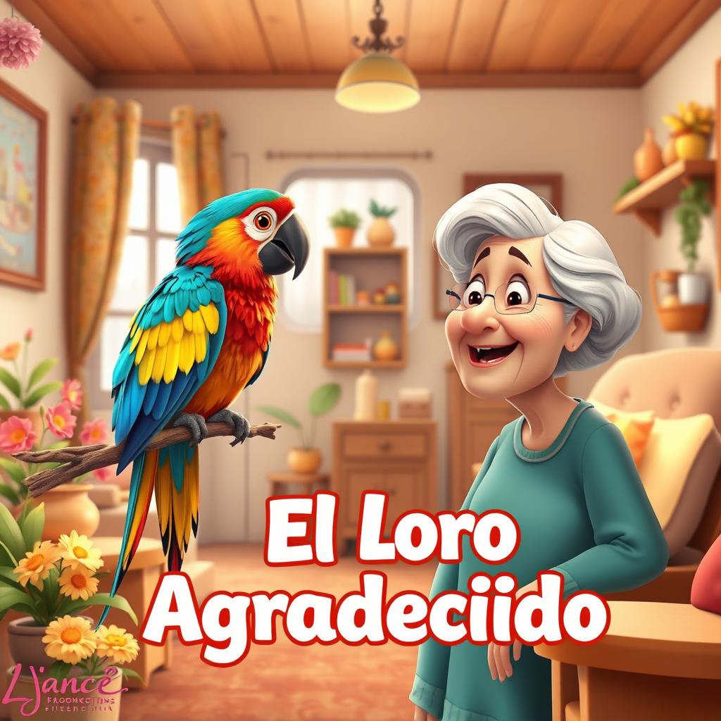 An animated-style image depicting a colorful parrot perched on a branch inside a cozy house, facing a cheerful elderly woman who is smiling warmly at the parrot